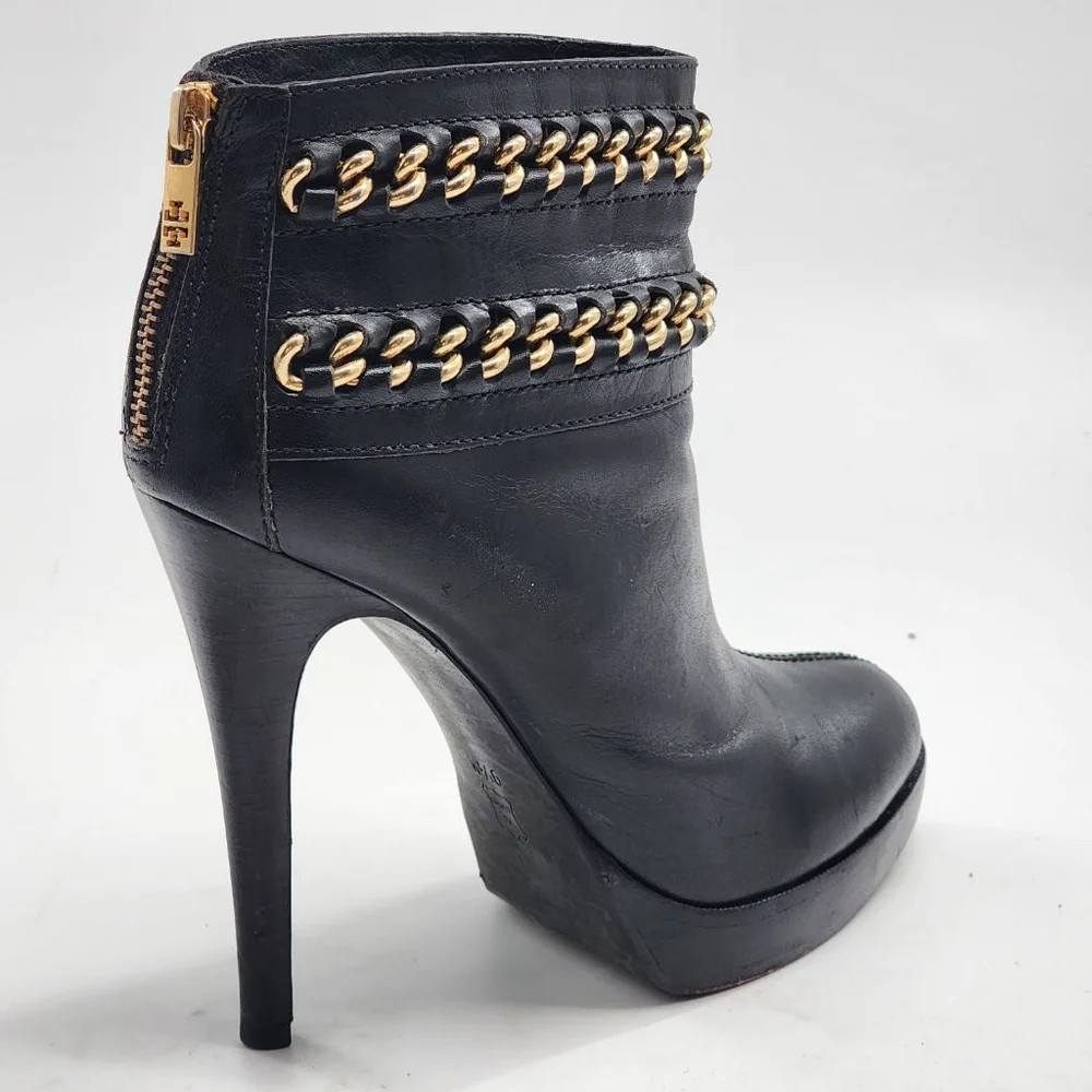 TORY BURCH Lysa Black‎ Leather Platform Chain Heeled Boots Size 9.5